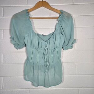 Milkmaid Smocked Puff Sleeve Peplum Top Mint Green Large Cottage Fairy Boho‎